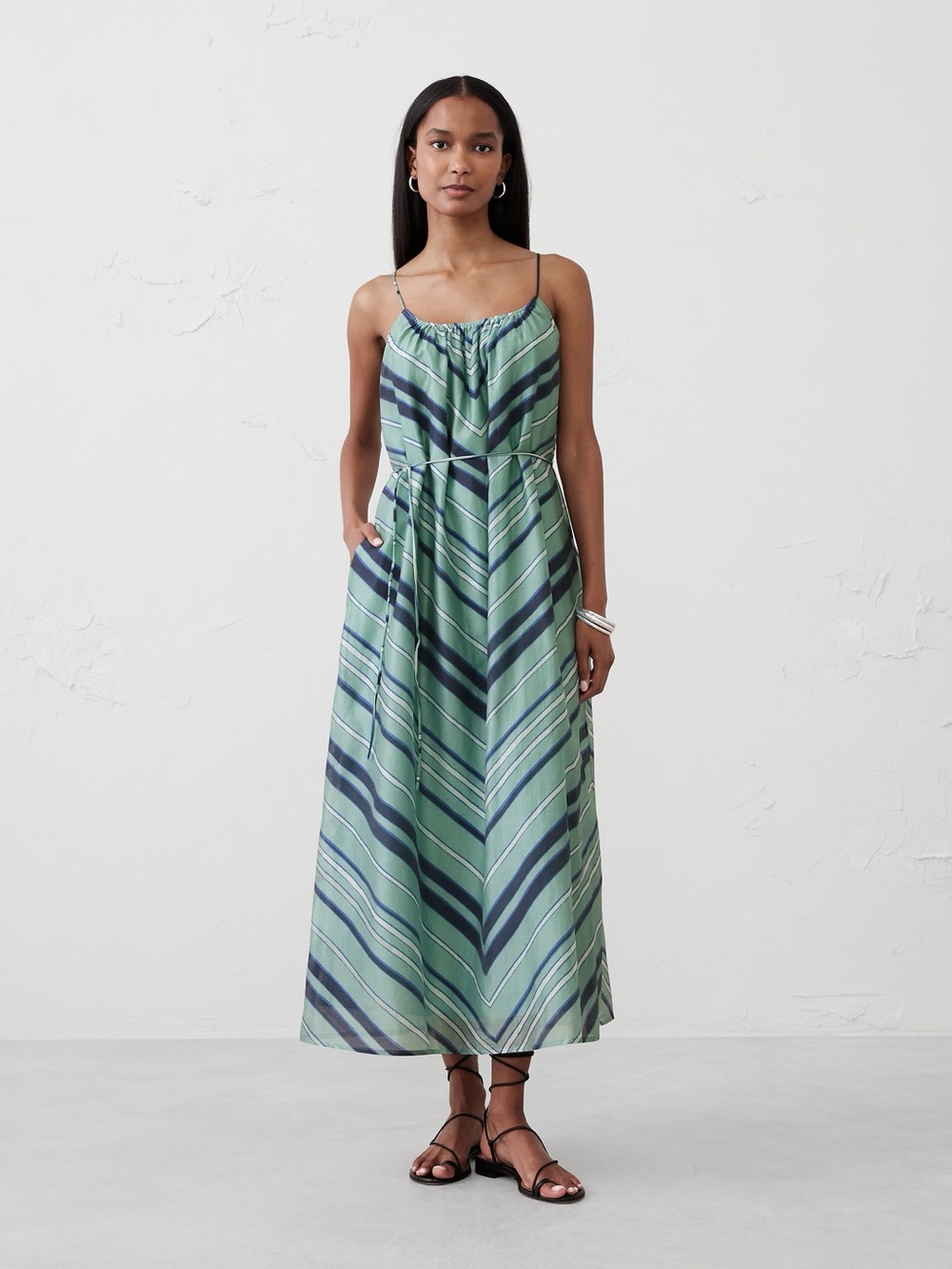 Banana Republic NWT Organza Green Striped Maxi Dress Flowy Tie Waist Bohemian
